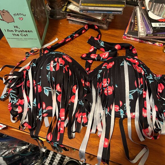 Retro 50's Fringe Cherry Print Pin-Up Burlesque Bikini Top 3X NEW UNWORN - Picture 1 of 3